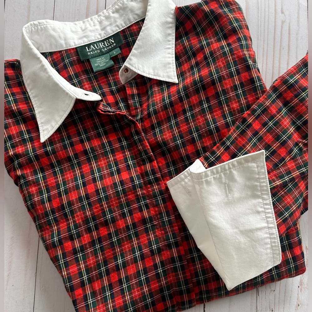 Vintage Lauren Ralph Lauren Red Tartan Plaid Shirt, White Collar, M/L, 90s style